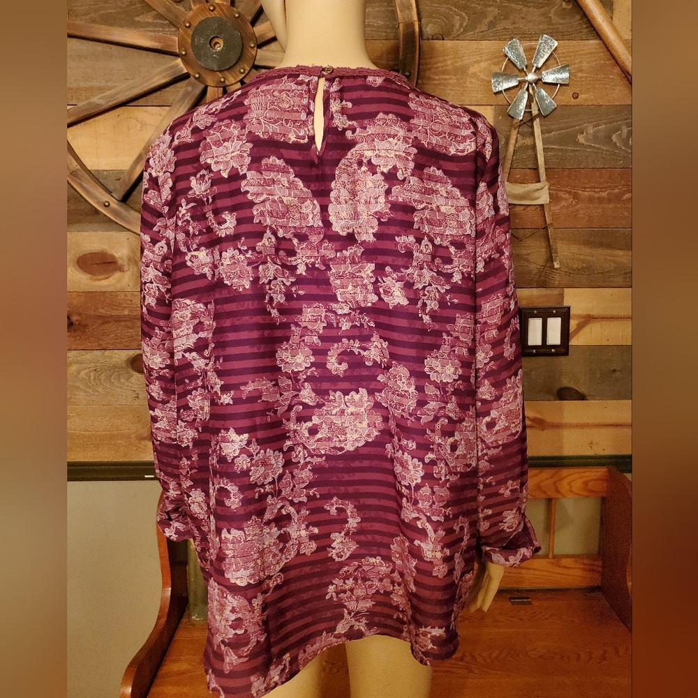 American Vintage Purple Floral/Stripes Lace Long Sleeve Blouse - Picture 6 of 10